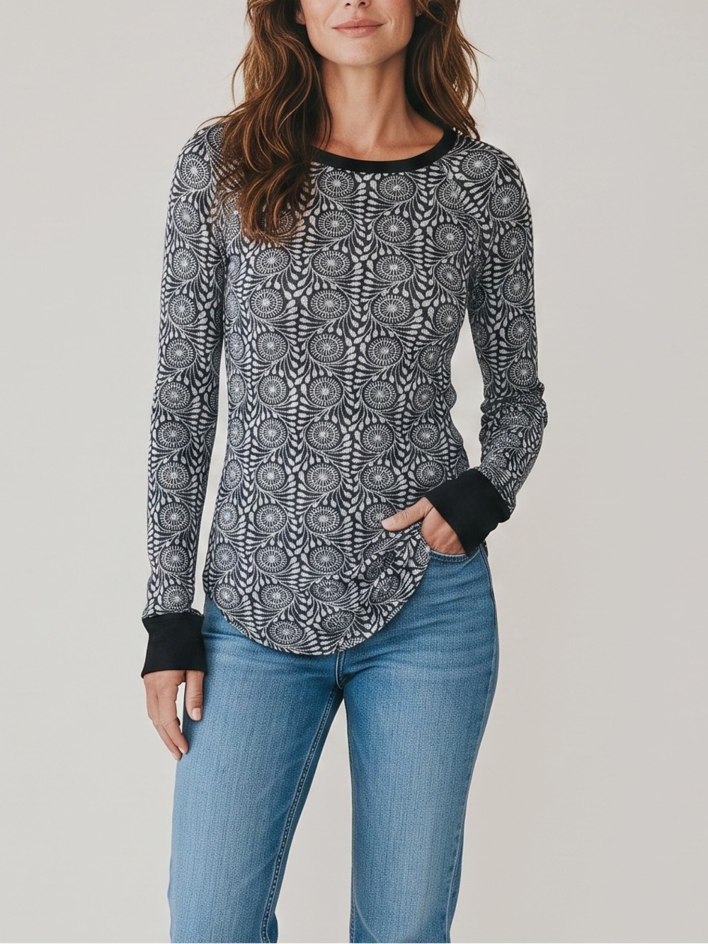 VINTAGE FREE PEOPLE Black & Gray Patterned Waffle Knit Thermal Top S
